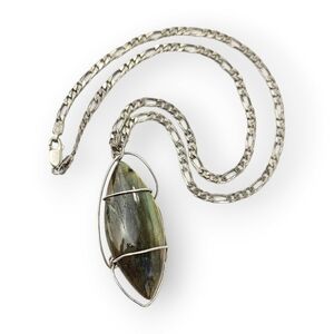 Labradorite Sterling Pendant Necklace Figaro Chain Blue Flash 925 Silver Vtg 17"